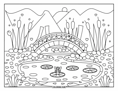 Coloriage de jardin féerique pour enfants : Une fée est assise sur un nénuphar près d'un pont à balustrade en cœurs au-dessus d'un étang tranquille
