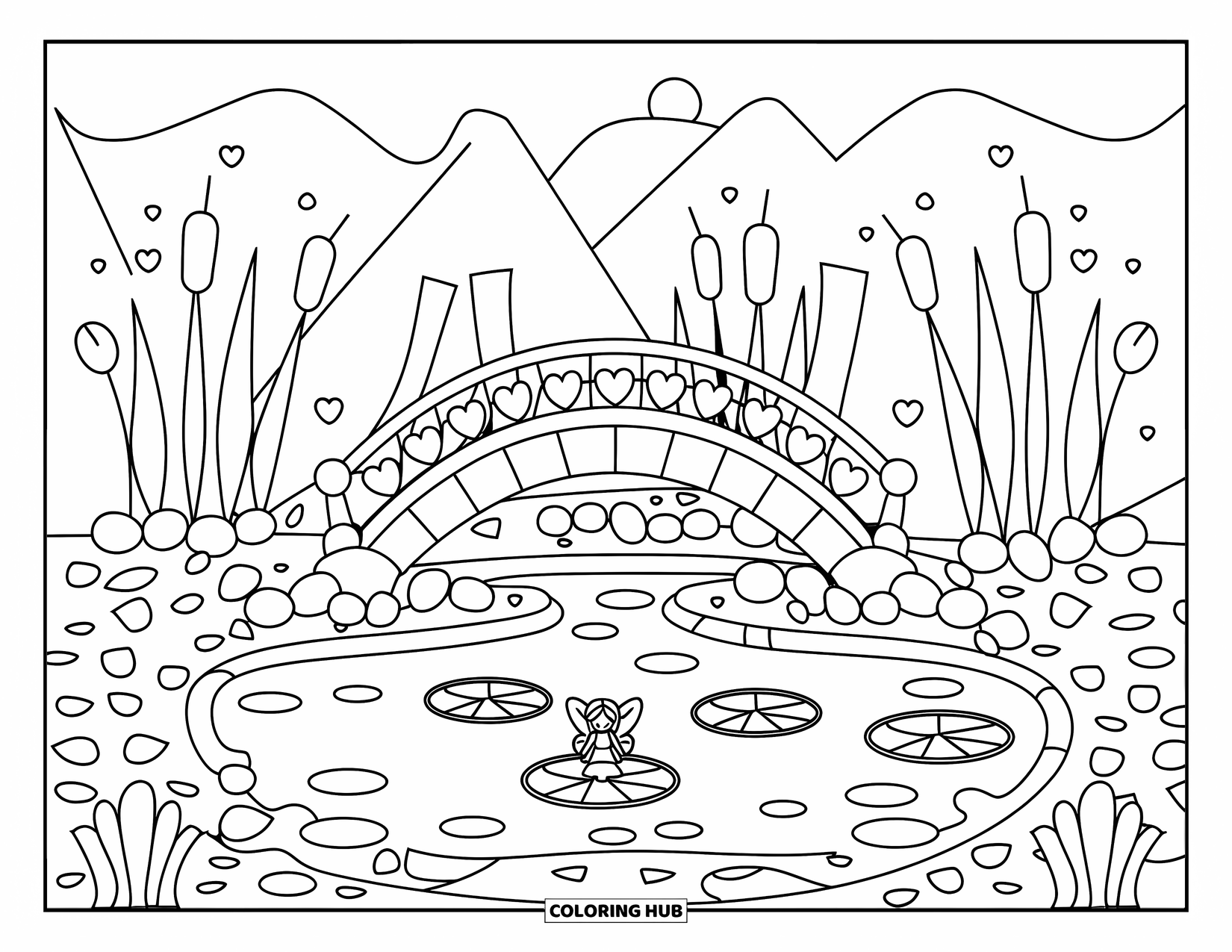 Fairy Garden Coloring Page for Kids: A fairy sits on a lily pad near a heart-railed bridge over a calm pond