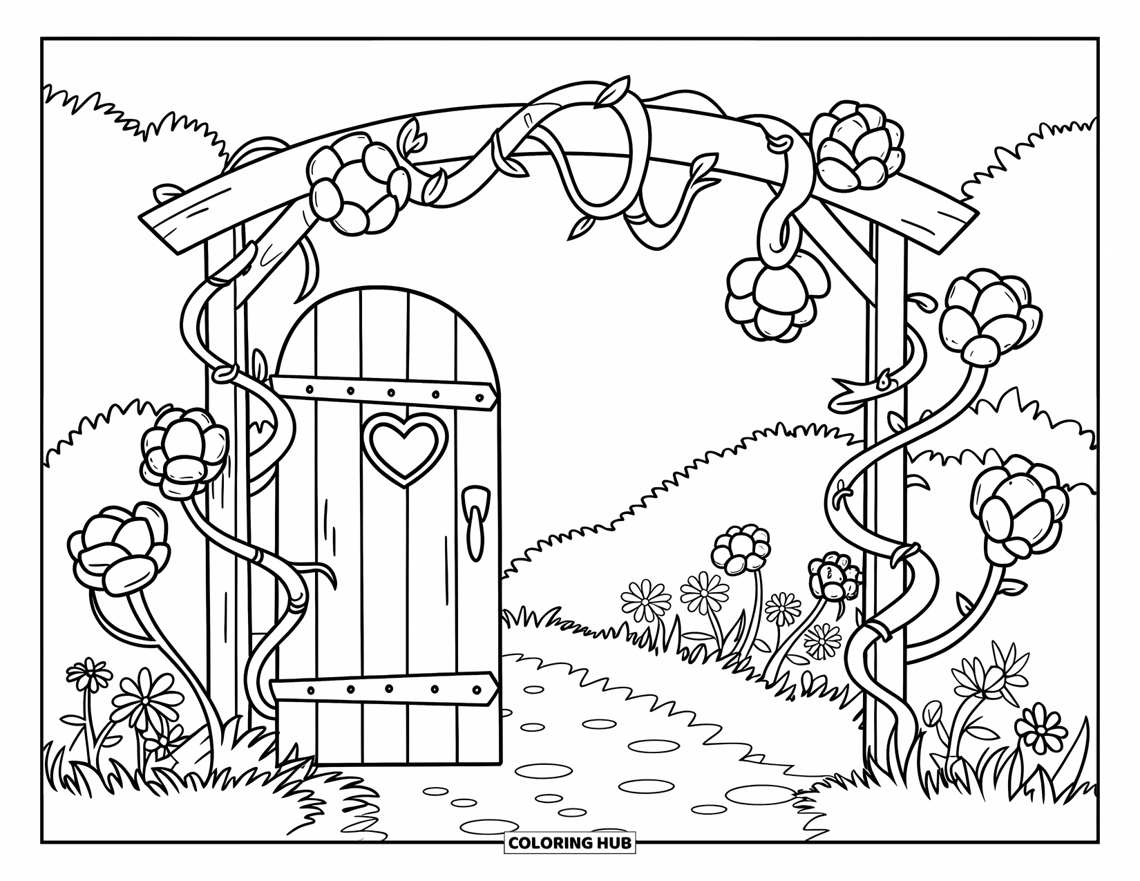 Fairy Garden Coloring Page for Kids: A gate with heart-shaped window stands among twisting vines and blooming flowers