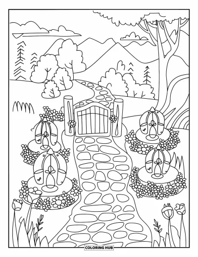 Coloriage de jardin féerique pour enfants : Un chemin lumineux avec des lanternes et un petit portail mène vers des arbres et un pont