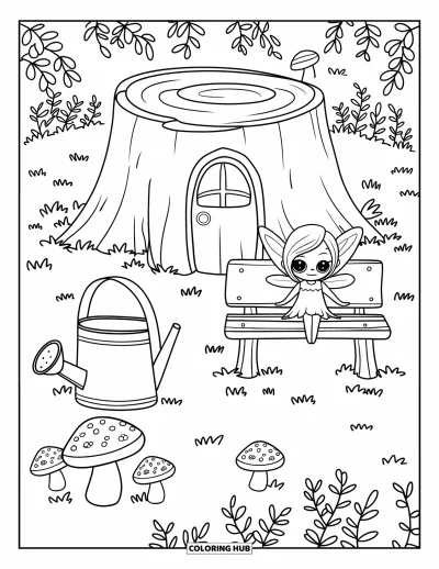 Coloriage de jardin féerique pour enfants : Une fée kawaii se repose sur un banc près d'une maison en souche et de champignons