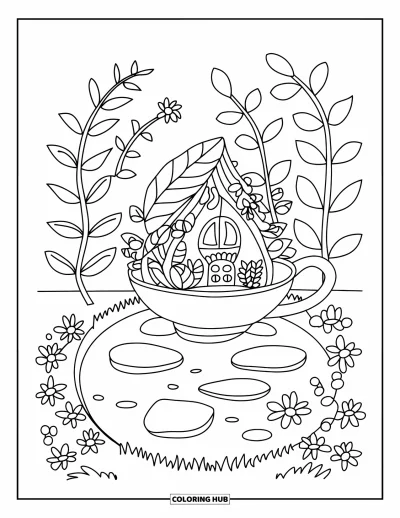 Coloriage de jardin féerique pour enfants : Une maison en tasse à thé avec un toit en feuilles est posée près d'un étang avec des fleurs en fleurs