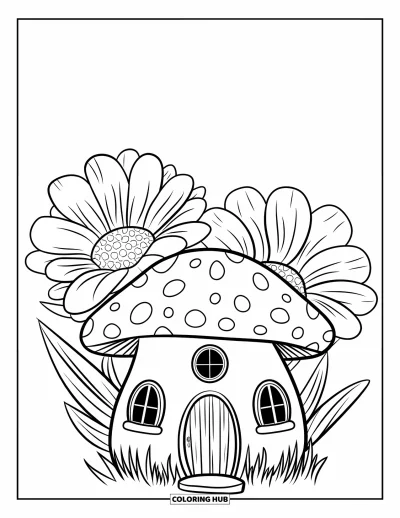 Coloriage de jardin féerique pour enfants : Une maison champignon avec de petites fenêtres se dresse à côté de deux grandes fleurs en pleine floraison