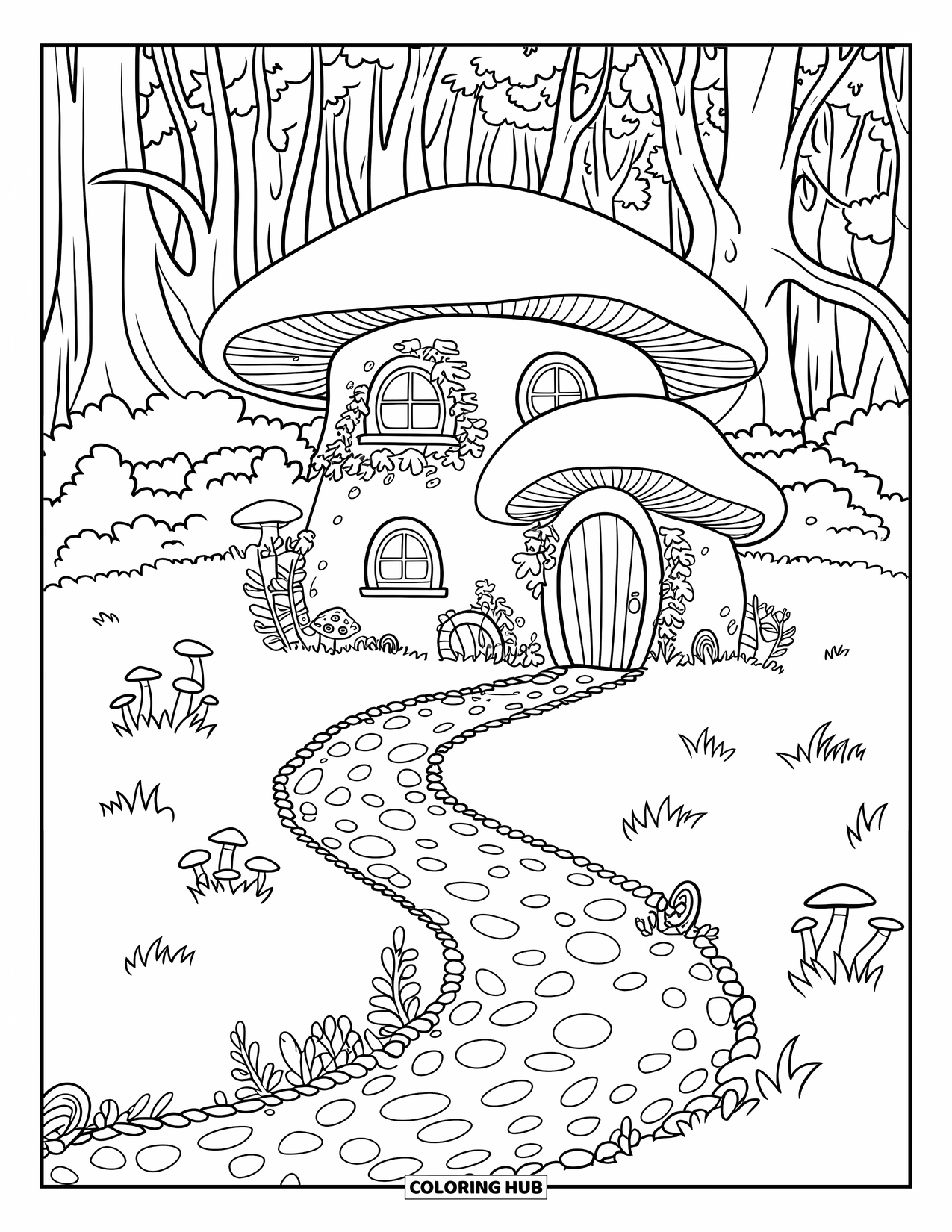 Fairy Garden Coloring Page for Kids: A pebble path leads to a cozy mushroom cottage tucked in a forest of tall trees