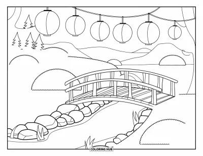 Coloriage de jardin féerique pour enfants : Une passerelle tranquille avec des lanternes traverse un ruisseau rocheux sous un panorama montagneux