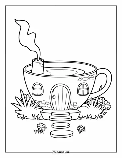 Coloriage de jardin féerique pour enfants : Une maison en tasse à thé avec une porte ronde et une cheminée est posée dans un jardin féerique