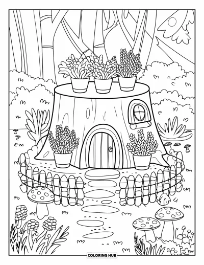 Coloriage de jardin féerique pour enfants : Une petite maison en souche est entourée d'herbes, de champignons et d'arbres forestiers tranquilles