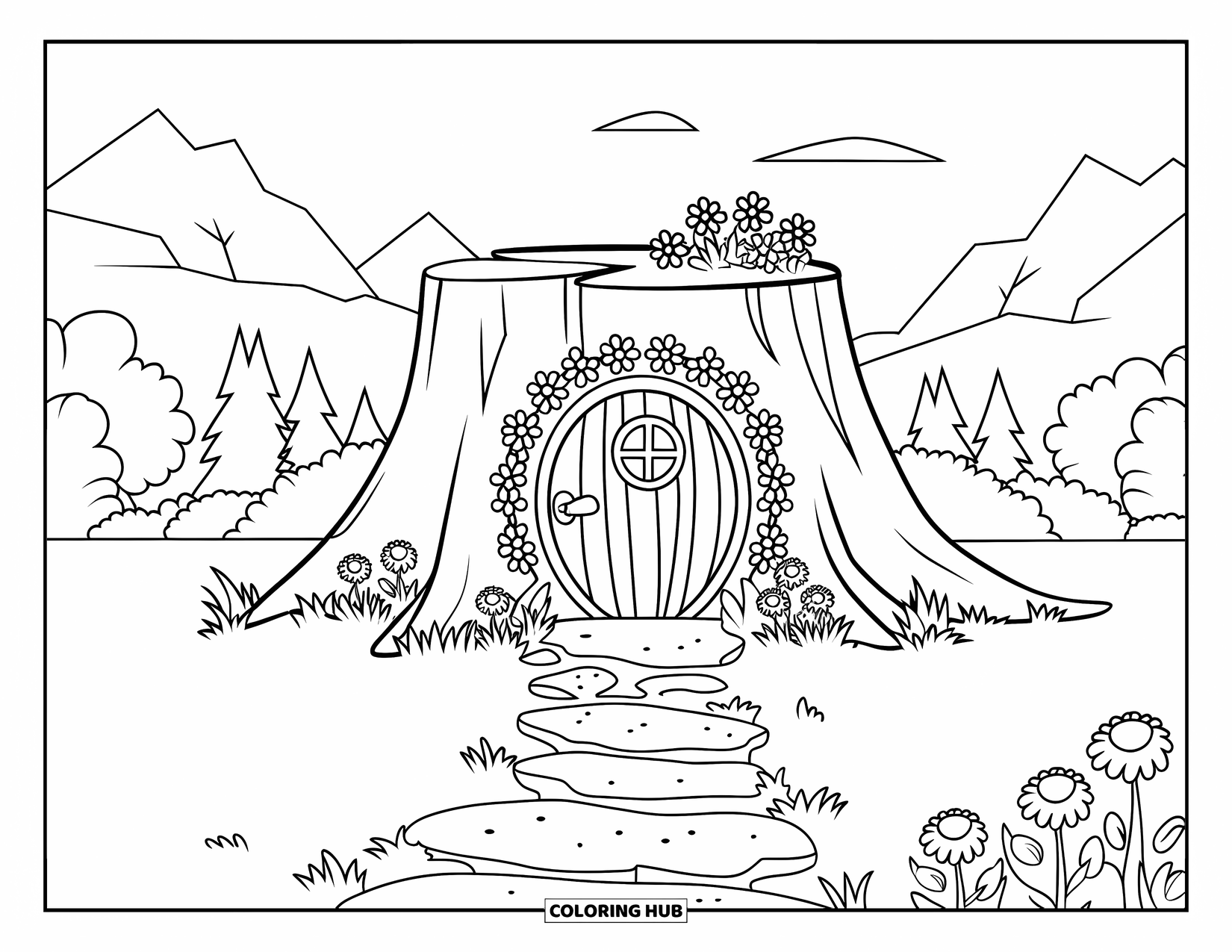 Fairy Garden Coloring Page for Kids: A stone path leads to a round door in a tree stump surrounded by flowers