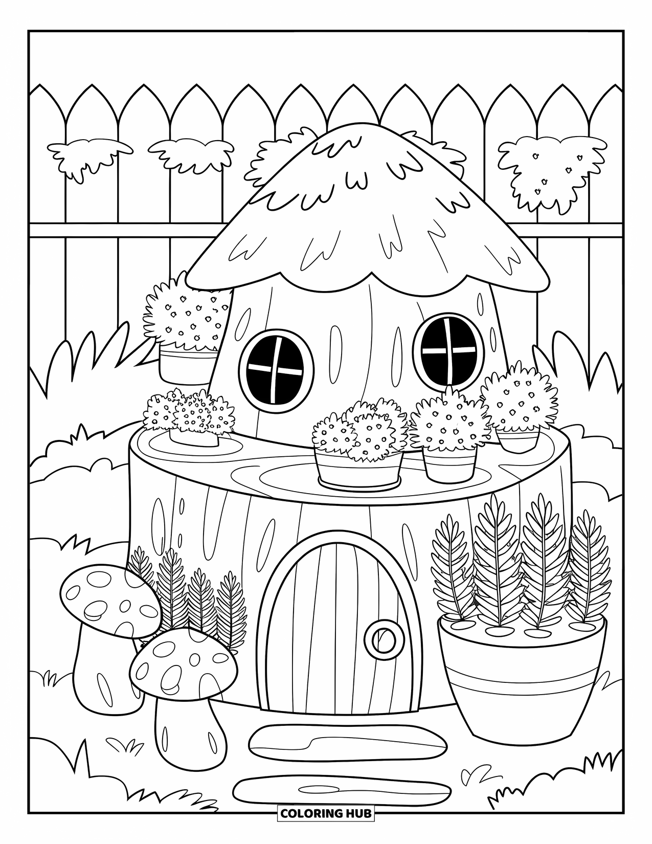 Fairy Garden Coloring Page for Kids: A stump house with a mossy fence sits in a fairy garden full of herbs