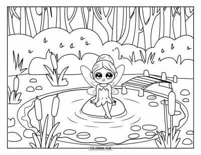 Coloriage de jardin féerique pour enfants : Une douce fée est assise sur un rocher au bord d'un étang tranquille près des arbres