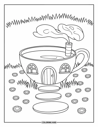 Coloriage de jardin féerique pour enfants : Une maison en tasse à thé avec une cheminée fumante repose dans un champ avec des pierres de gué