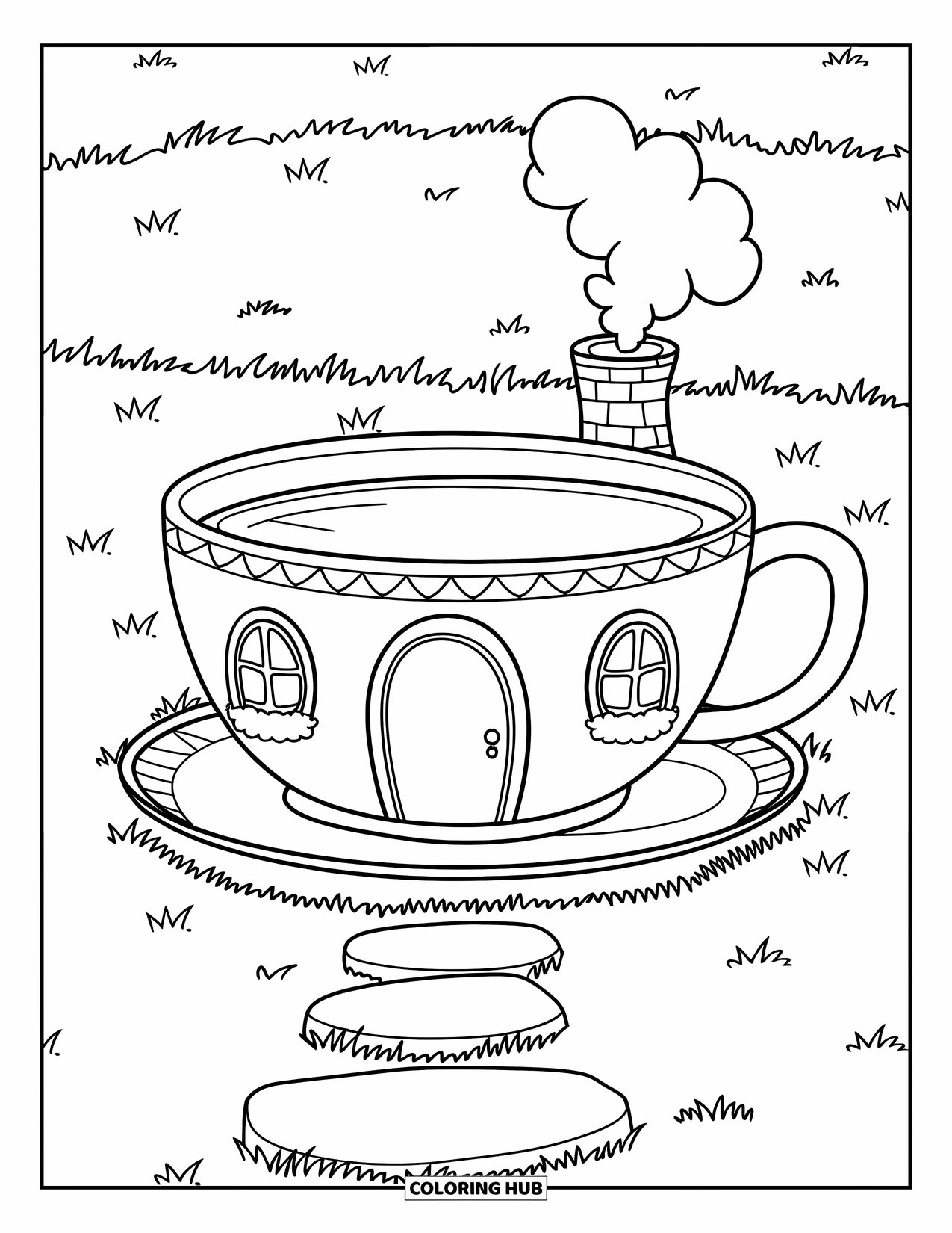 Fairy Garden Coloring Page for Kids: A teacup house with stones and chimney rests on a quiet grassy lawn