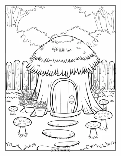 Coloriage de jardin féerique pour enfants : Une maison en souche avec des tabourets champignons et des herbes repose paisiblement parmi les arbres
