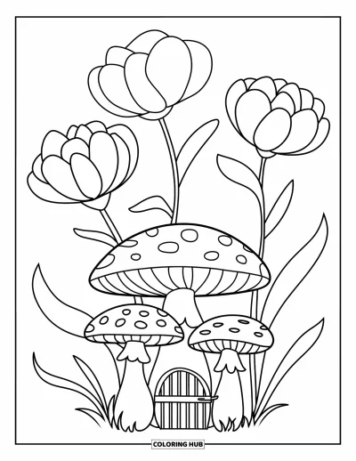 Coloriage de jardin féerique pour enfants : Un groupe d'amanites et un petit portail reposent sous trois fleurs joyeuses