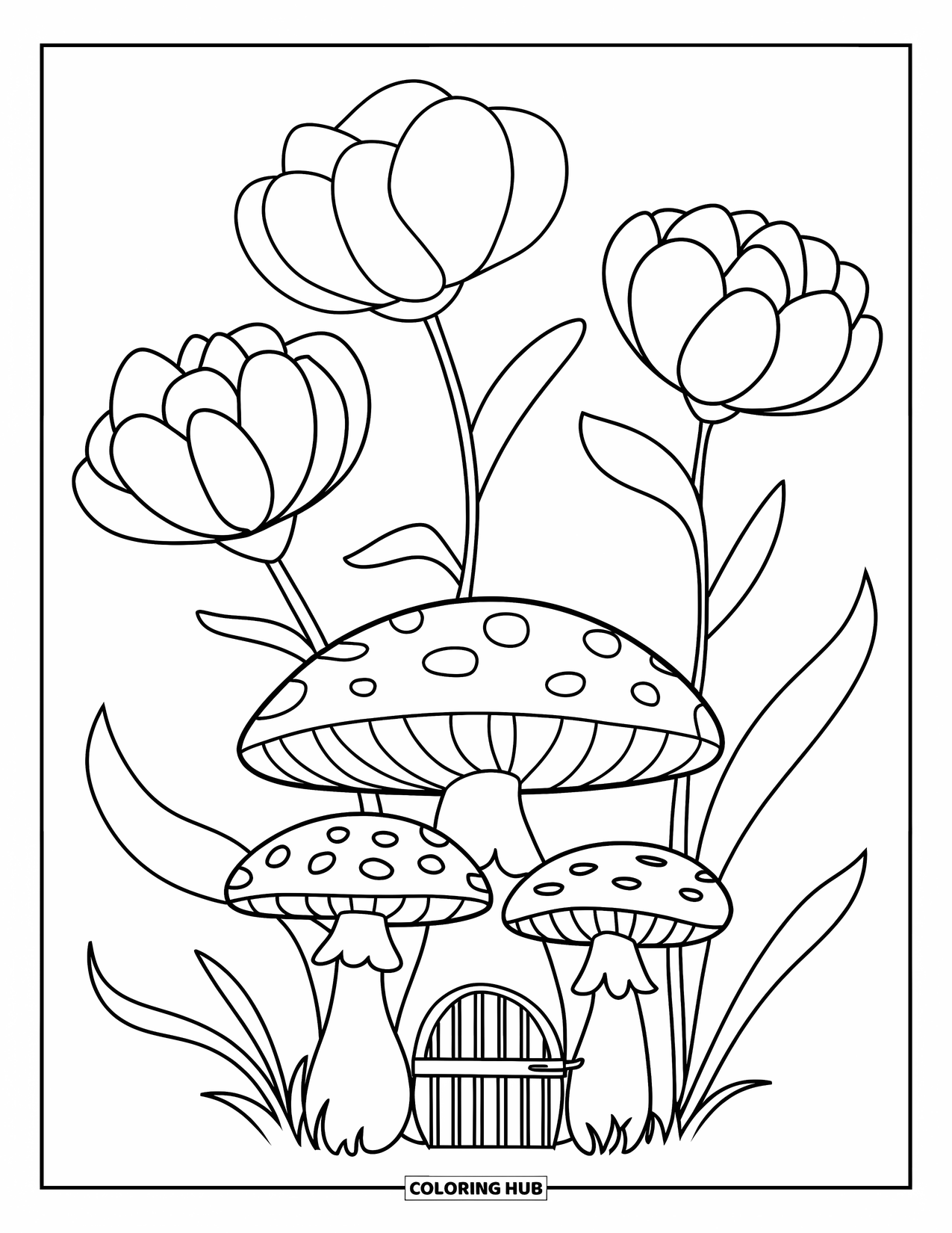 Fairy Garden Coloring Page for Kids: A toadstool group and tiny gate rest beneath three cheerful flowers