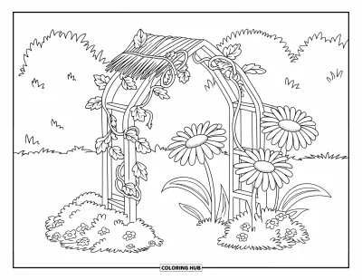 Coloriage de jardin féerique pour enfants : Une arche de jardin enveloppée de vignes se dresse à côté de grandes marguerites et de plantes feuillues