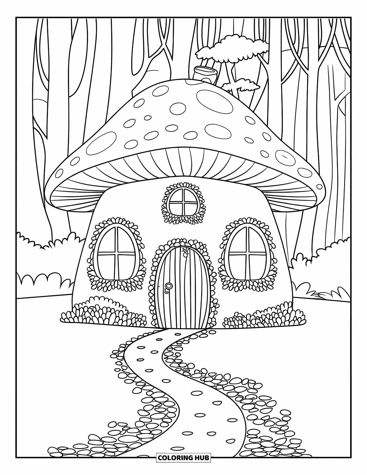 Fairy Garden Coloring Page for Kids: A winding path brings you to a mushroom cottage hidden in a peaceful forest