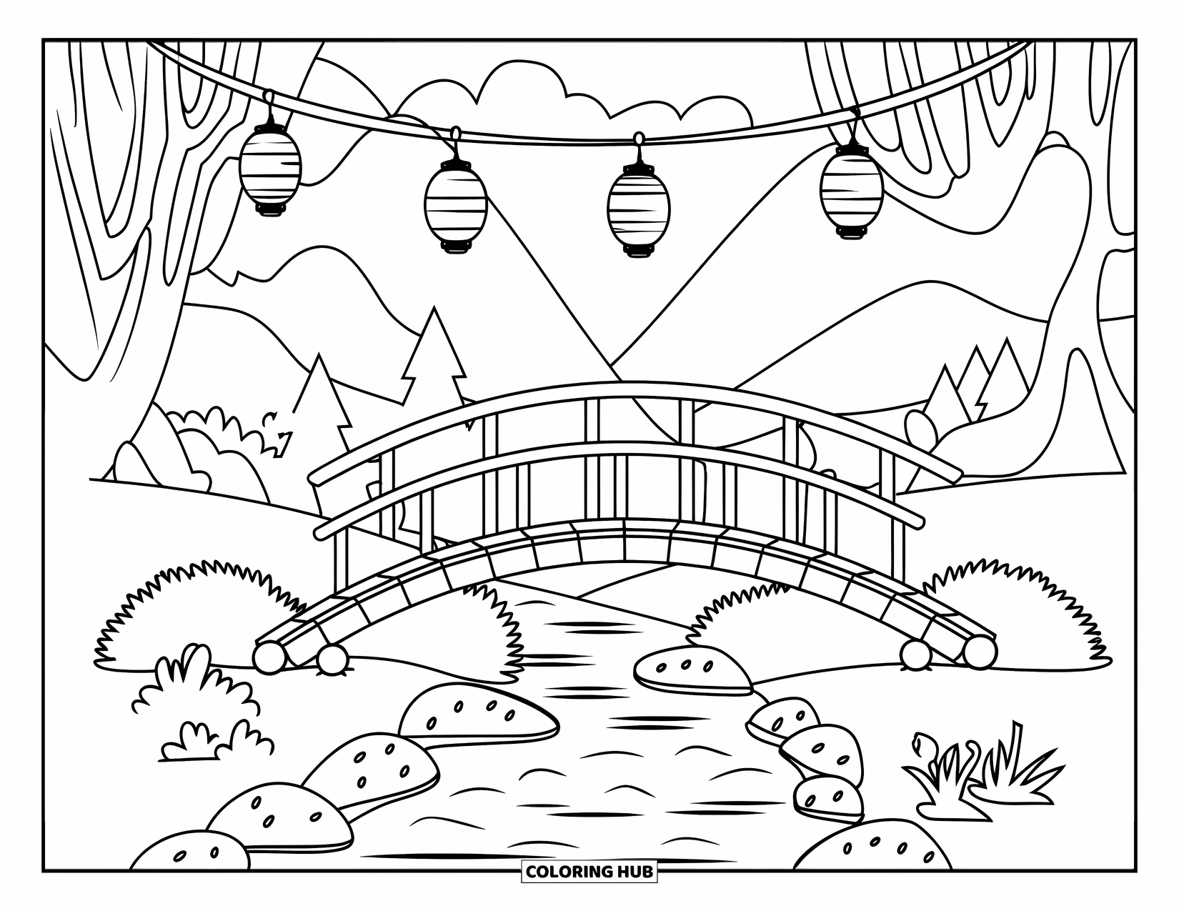 Fairy Garden Coloring Page for Kids: A wooden footbridge crosses a peaceful creek with rocks, bushes, and hanging lanterns