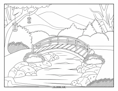 Coloriage de jardin féerique pour enfants : Une passerelle en bois traverse un ruisseau verdoyant entouré d'une végétation luxuriante et de douces vues sur les montagnes