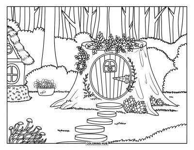 Coloriage de jardin féerique pour enfants : Des pots de fleurs et une minuscule maison se trouvent près d'une porte en souche le long d'un sentier forestier