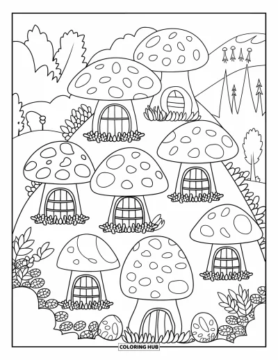 Coloriage de jardin féerique pour enfants : Des maisons en champignons sur un coteau avec du lierre et des arbres forment un village féerique paisible