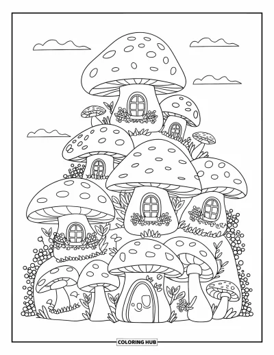 Coloriage de jardin féerique pour enfants : Des maisons en champignons couvertes de lierre reposent sur une colline avec des nuages et des fées joyeuses