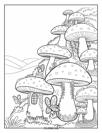 Coloriage de jardin féerique pour enfants : Des maisons en champignons couvertes de lierre s'étendent sur un coteau où des fées se reposent aux fenêtres