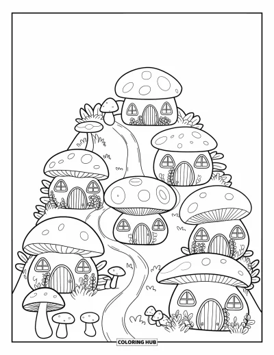 Coloriage de jardin féerique pour enfants : Des sentiers relient des maisons en champignons couvertes de lierre sur un coteau paisible
