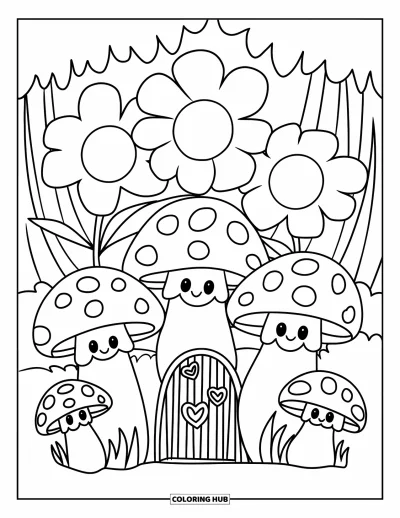 Coloriage de jardin féerique pour enfants : Des champignons souriants et un portail décoré de cœurs accompagnent de grandes fleurs et des feuilles