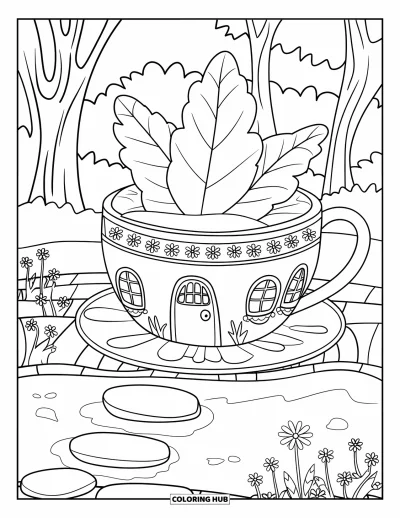 Coloriage de jardin féerique pour enfants : Une maison en tasse à thé avec un toit en feuilles est installée près d'un étang fleuri et arboré
