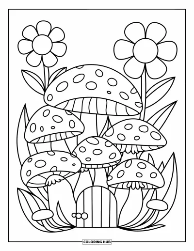 Coloriage de jardin féerique pour enfants : Des champignons se regroupent près d'un petit portail avec de grandes fleurs en arrière-plan