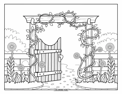 Coloriage de jardin féerique pour enfants : Un portail en bois enveloppé de vignes et de fleurs s'ouvre sur un sentier féerique