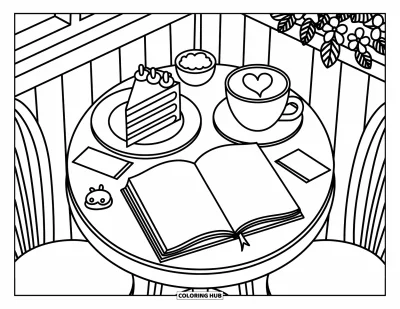 Coloriage de février pour adultes : Un gâteau, un latte et un carnet ouvert sur une table de café chaleureuse