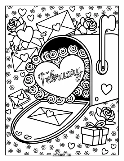 Coloriage de février pour adultes : Une scène de boîte aux lettres chaleureuse avec des fleurs, des cadeaux et le mot « February » dans un cœur