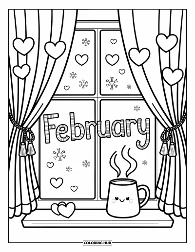 Coloriage de février pour adultes : Un mug chaleureux posé sur le rebord sous une fenêtre de février ornée de cœurs