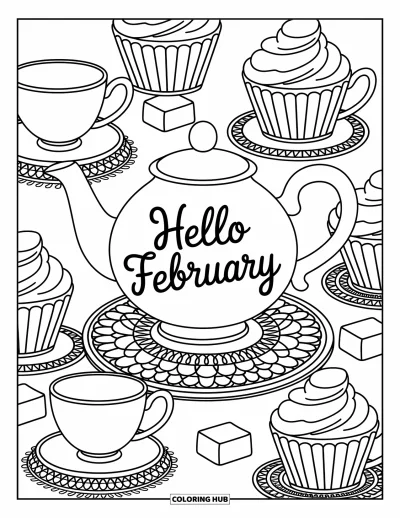 Coloriage de février pour adultes : Une jolie table à thé avec des tasses empilées, des petits gâteaux et une théière de février