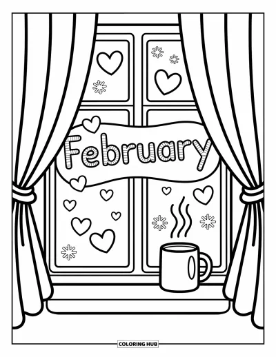 Coloriage de février pour adultes : Une fenêtre ornée de cœurs avec un mug fumant et « February » écrit dans le givre