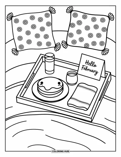 Coloriage de février pour adultes : Un plateau de petit-déjeuner « Hello February » entouré de coussins et de pancakes moelleux