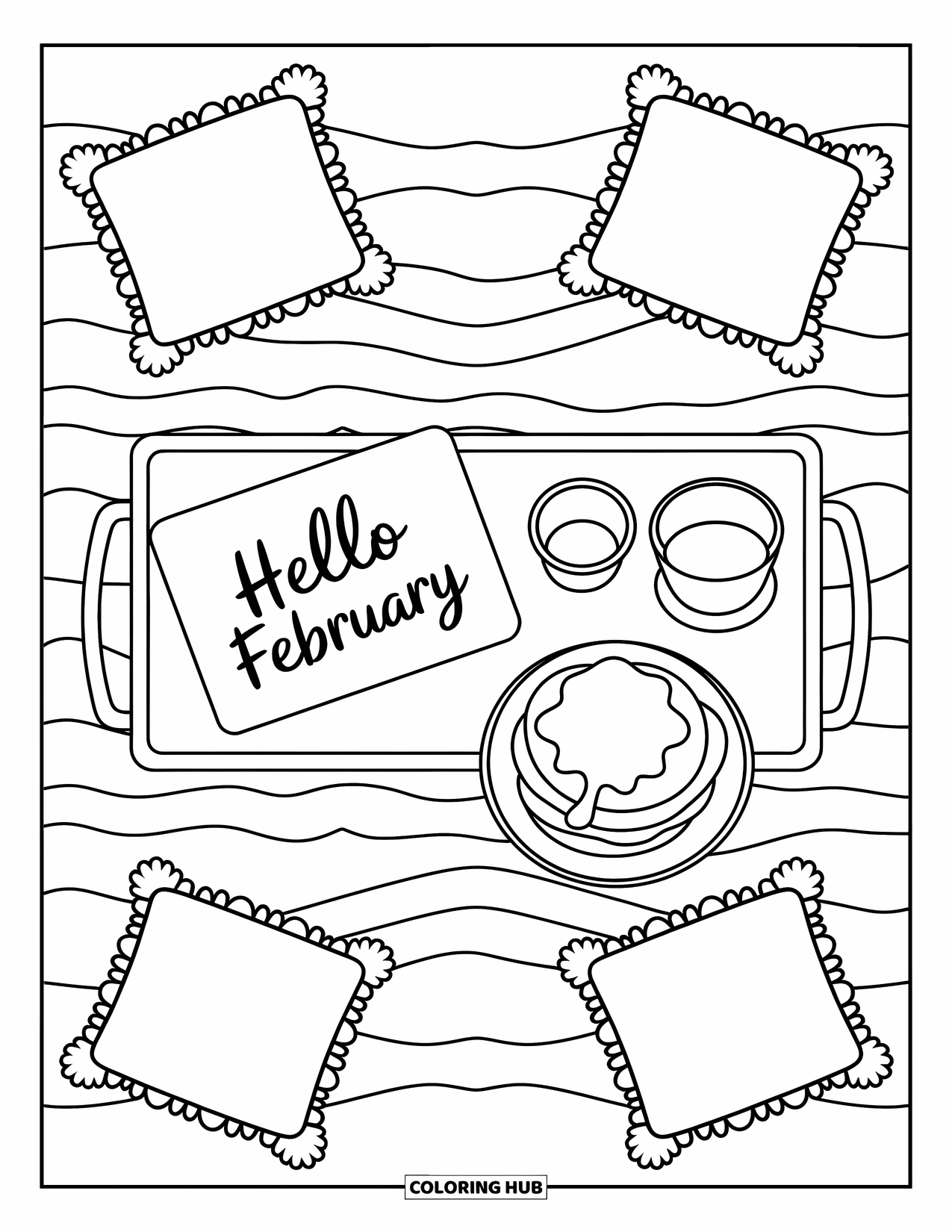 February Coloring Page for Adults: A tray with pancakes and juice sits on floral pillows and a cozy blanket