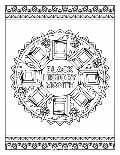 Coloriage de février pour adultes : Black History Month encadré dans un mandala avec des fleurs, des livres et des détails symboliques