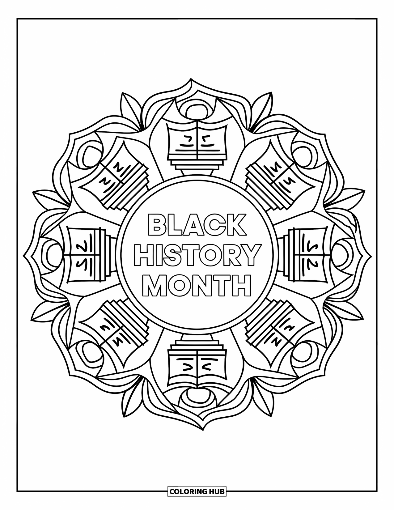 February Coloring Page for Adults: Black History Month text centered in a floral mandala with unity symbols and books