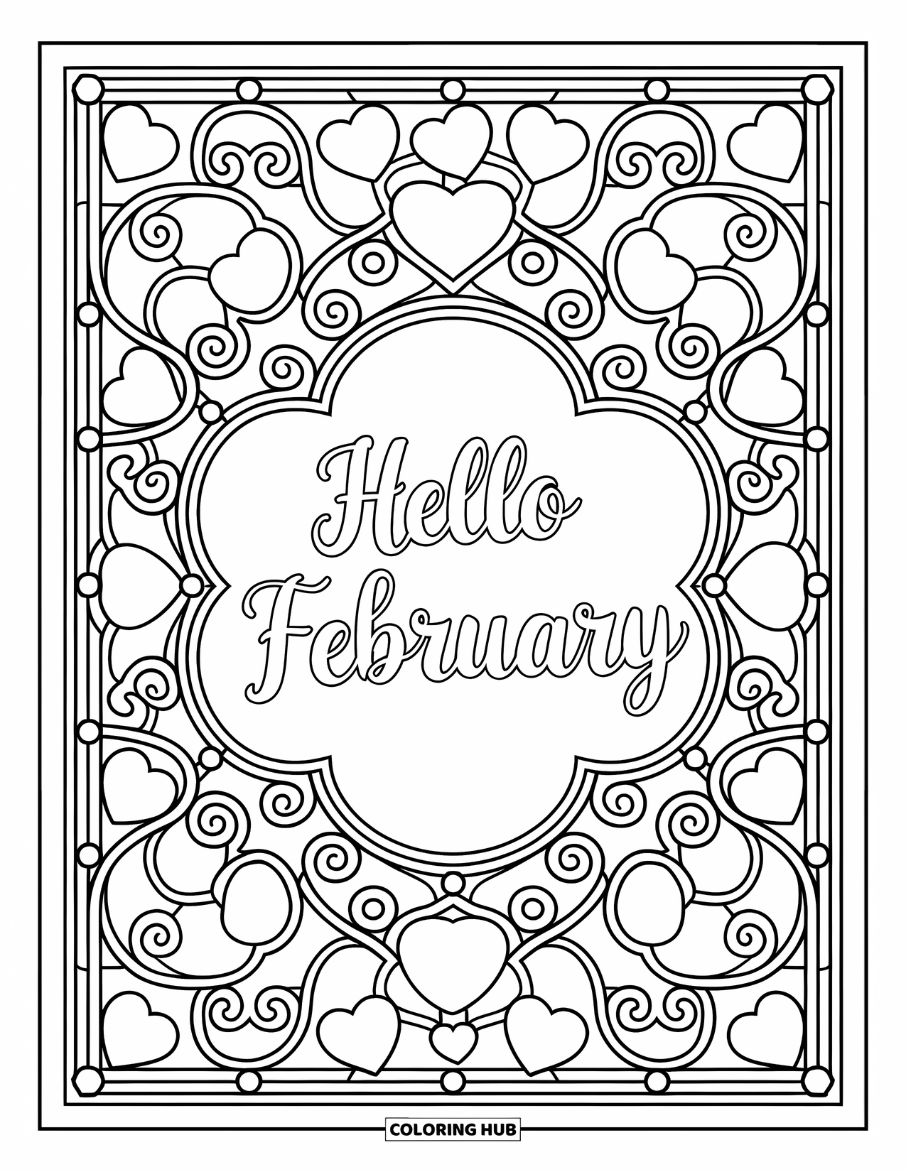 February Coloring Page for Adults: Bold Hello February text inside a stained glass heart and swirl border