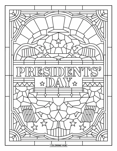 Coloriage de février pour adultes : Grand titre Presidents' Day encadré d'étoiles, de chapeaux hauts-de-forme et de motifs complexes