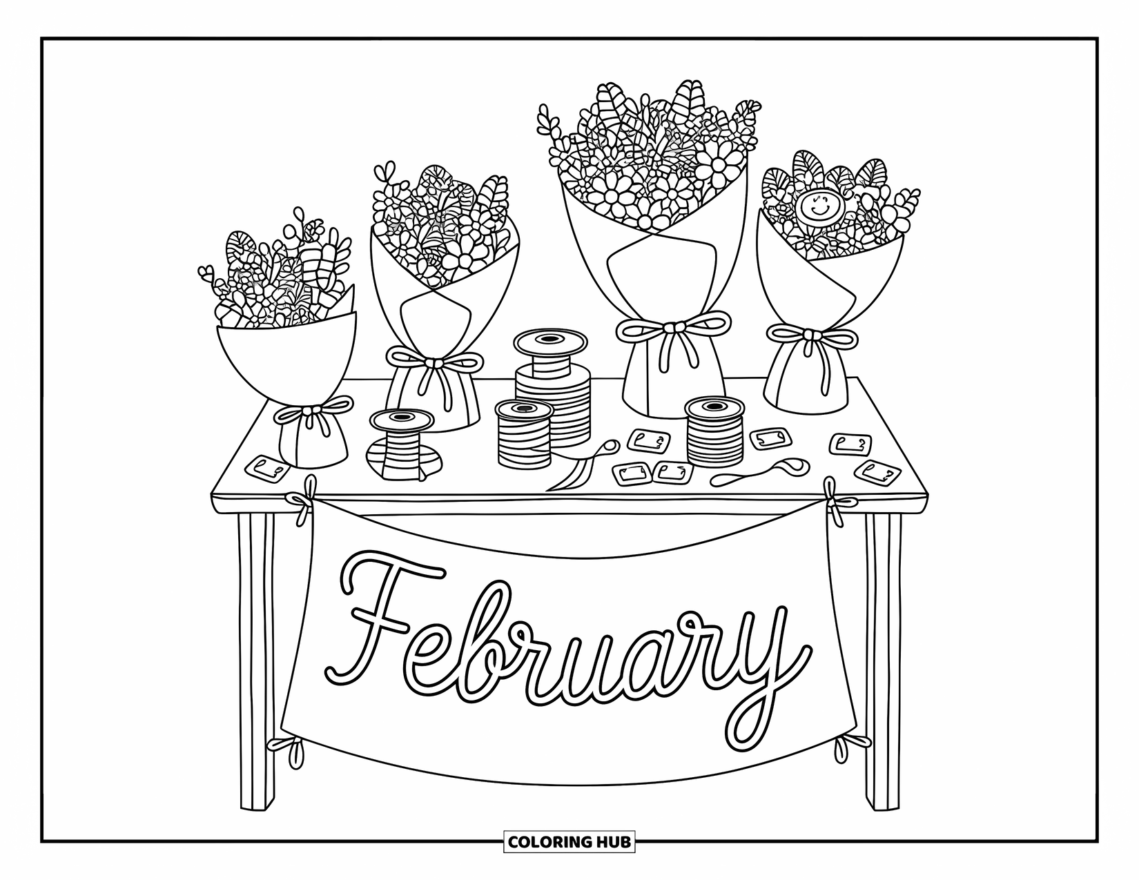 February Coloring Page for Adults: Bouquets and ribbons decorate a market stall under a fabric February sign