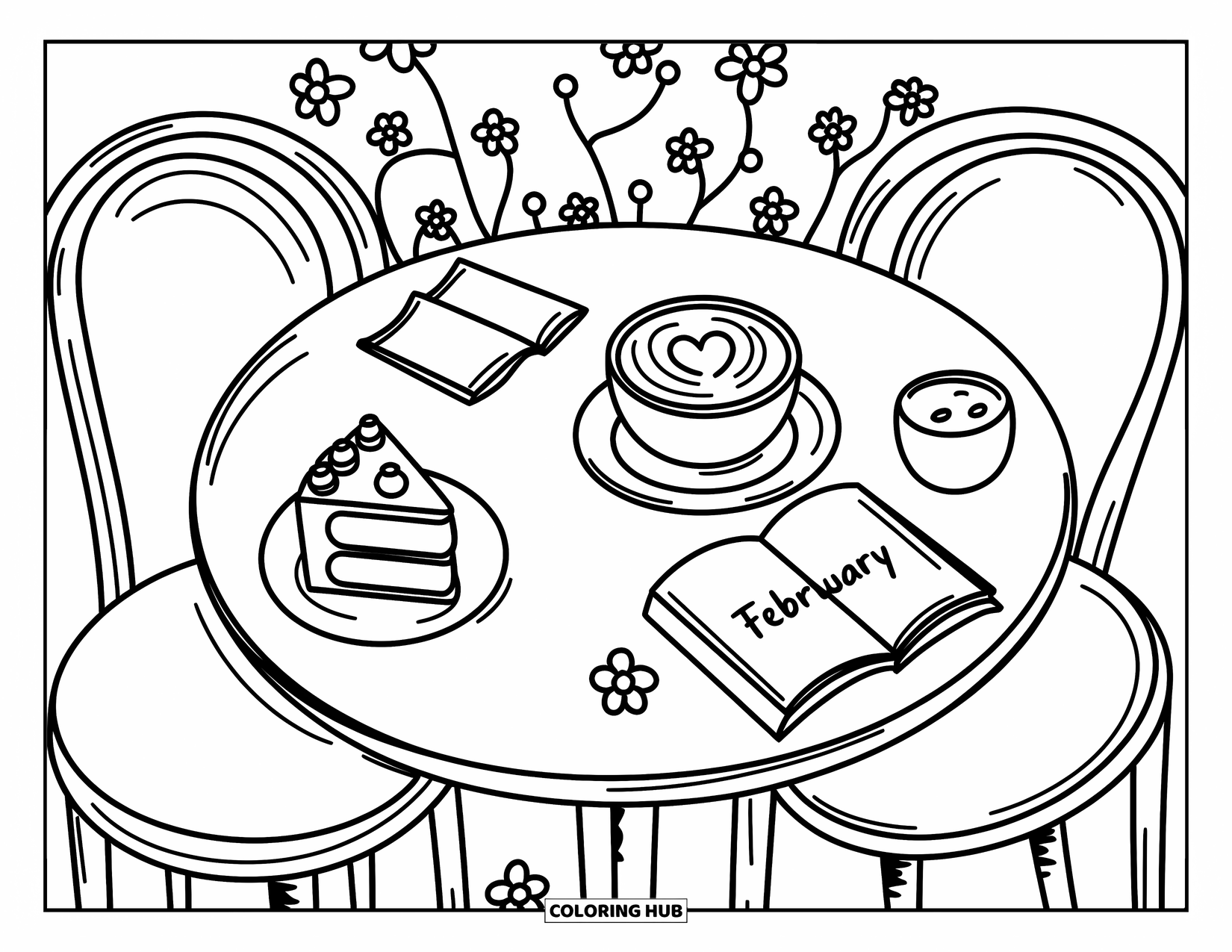 February Coloring Page for Adults: Cake, latte, and flowers surround a notebook in a charming café nook