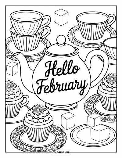 Coloriage de février pour adultes : Des cupcakes et des sucres entourent une théière ornée de « Hello February »