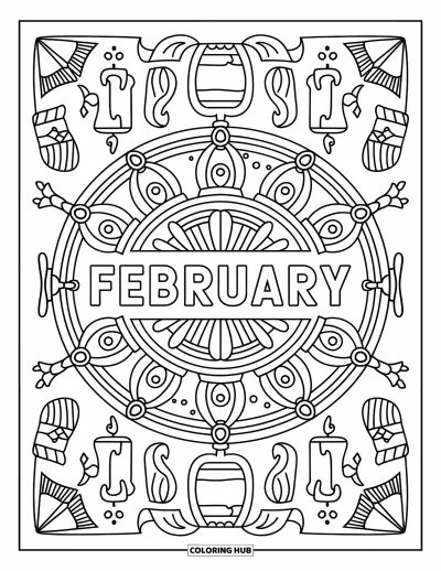 Coloriage de février pour adultes : February encadré dans un mandala chaleureux de bougies, de mitaines et de petits plaisirs hivernaux