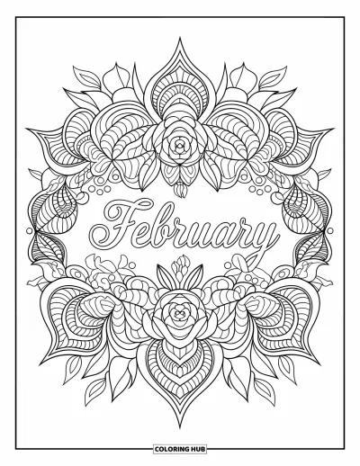 Coloriage de février pour adultes : February au centre d'un mandala floral avec des roses et des violettes