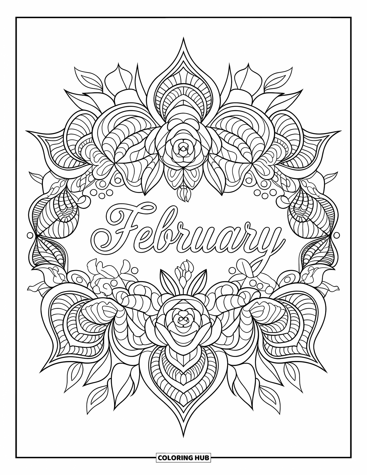 February Coloring Page for Adults: February in the center of a floral mandala with roses and violets
