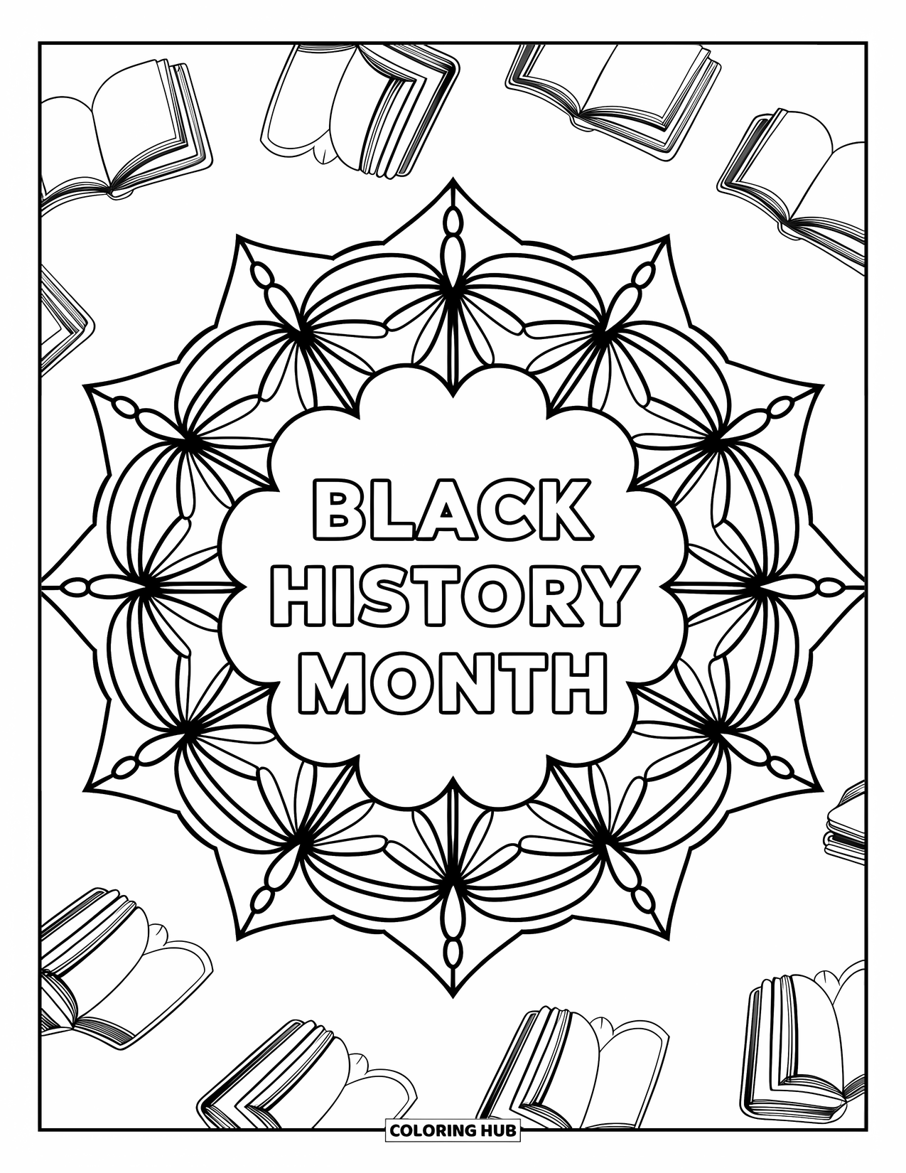 February Coloring Page for Adults: Floral mandala with unity symbols and "Black History Month" in the center